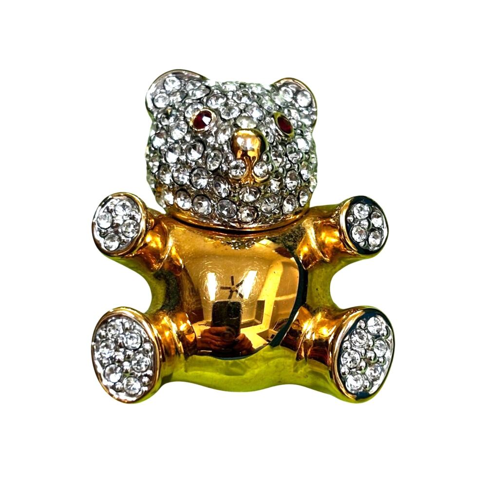 Vintage Teddy Bear Brooch Pin goldtone clear white & red rhinestone details